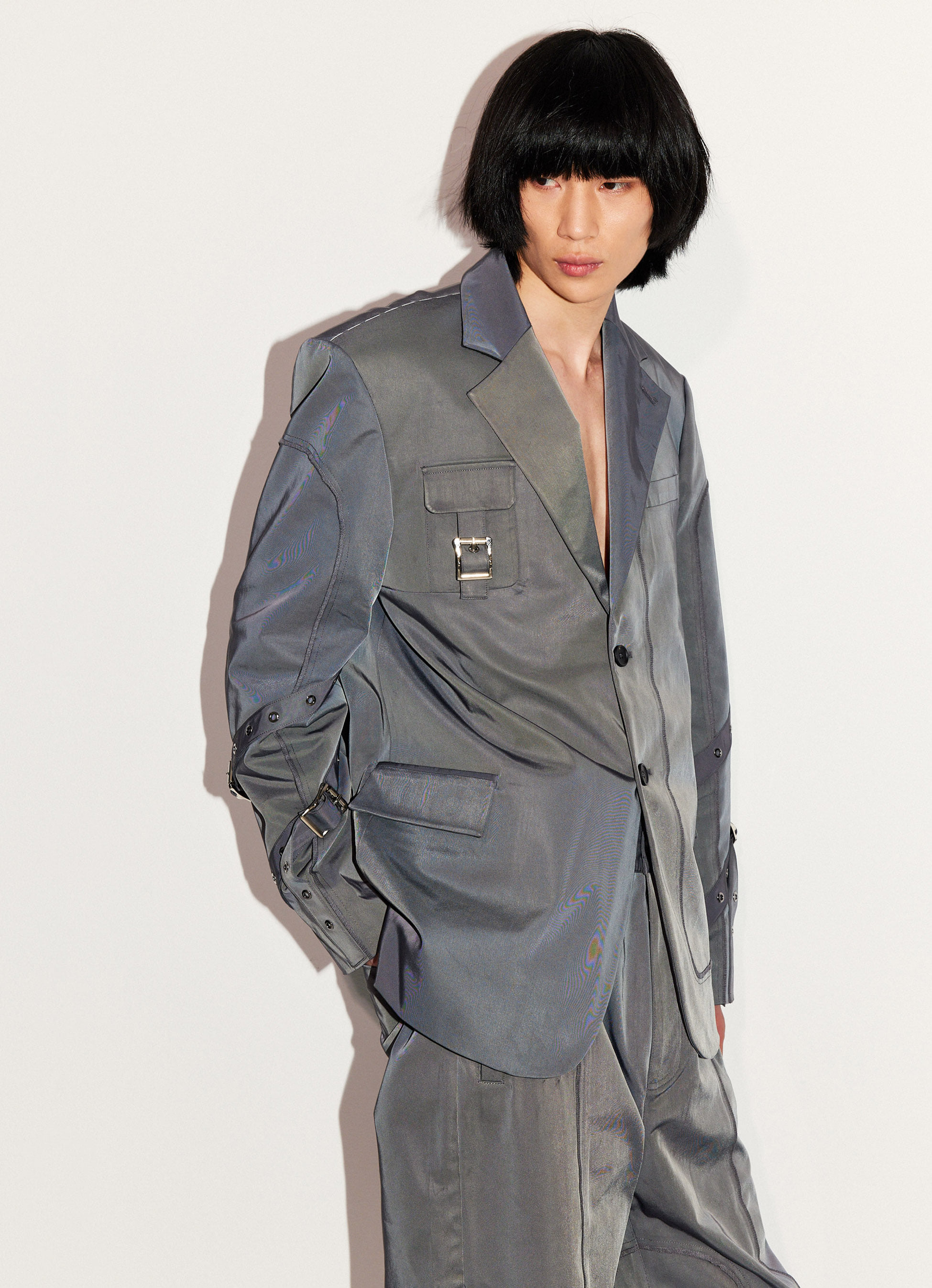 21FW Holographic fabric belted detail suit jacket